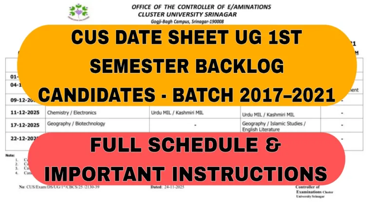 CUS Date Sheet UG 1st Sem Backlog Batch 2017 to 2021